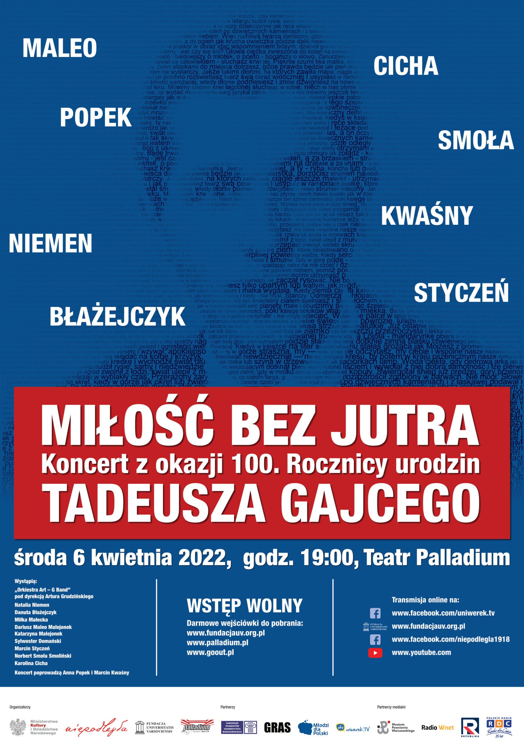„Miłość bez jutra”- Koncert z okazji 100. Rocznicy urodzin Tadeusza Gajcego