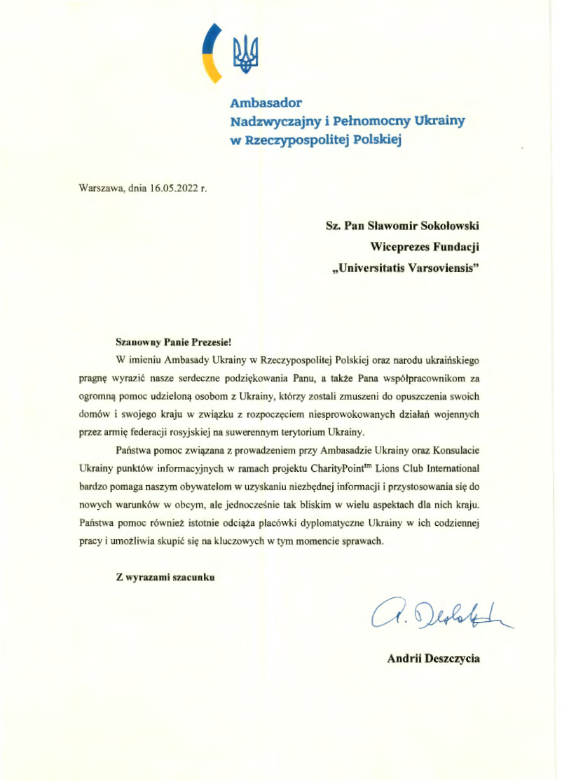 Podziękowania od Ambasadora Ukrainy