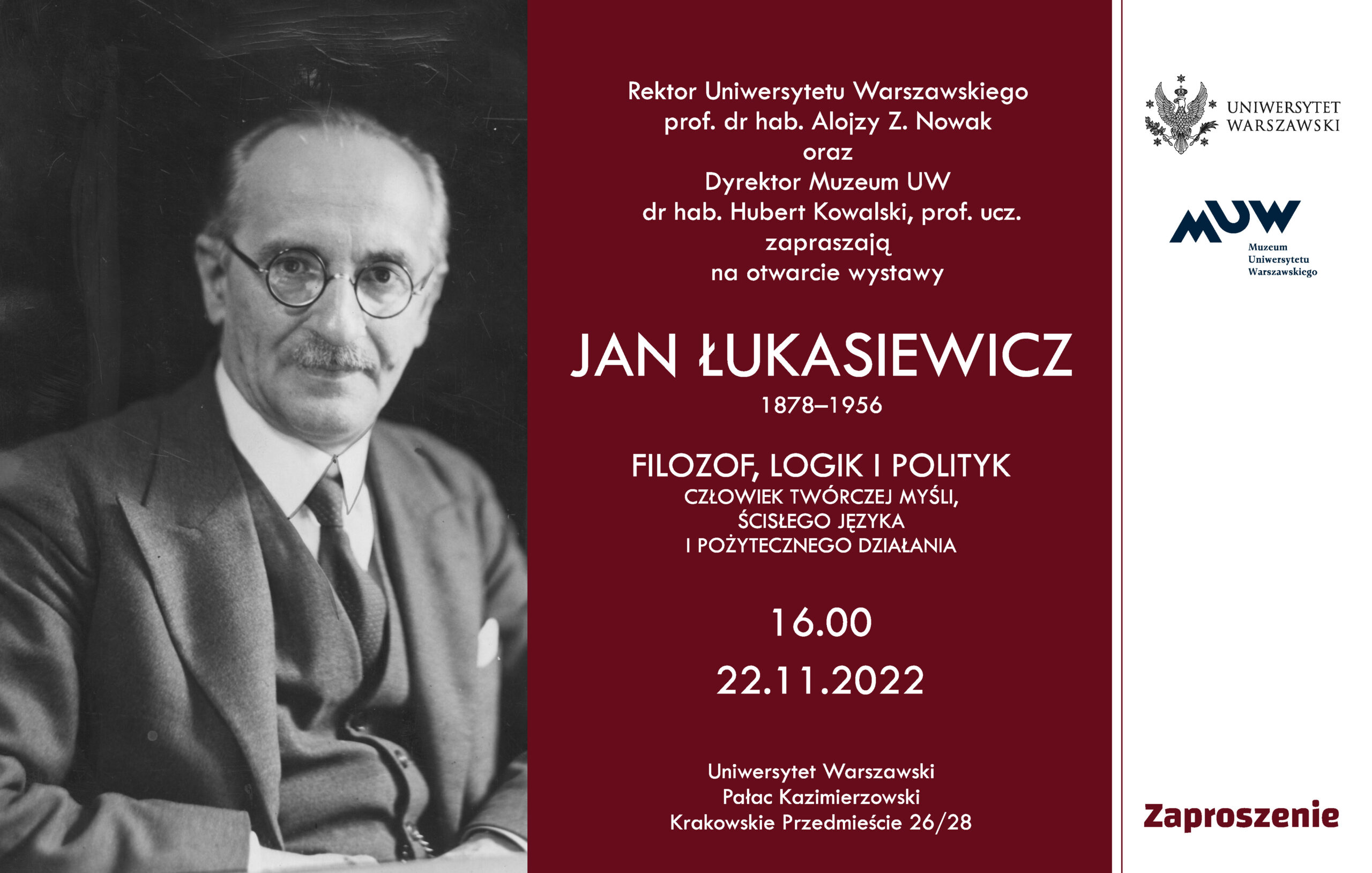 Muzeum UW zaprasza na wernisaż wystawy „Jan Łukasiewicz 1878-1956. Filozof, logik i polityk. Człowiek twórczej myśli, ścisłego języka i pożytecznego działania”